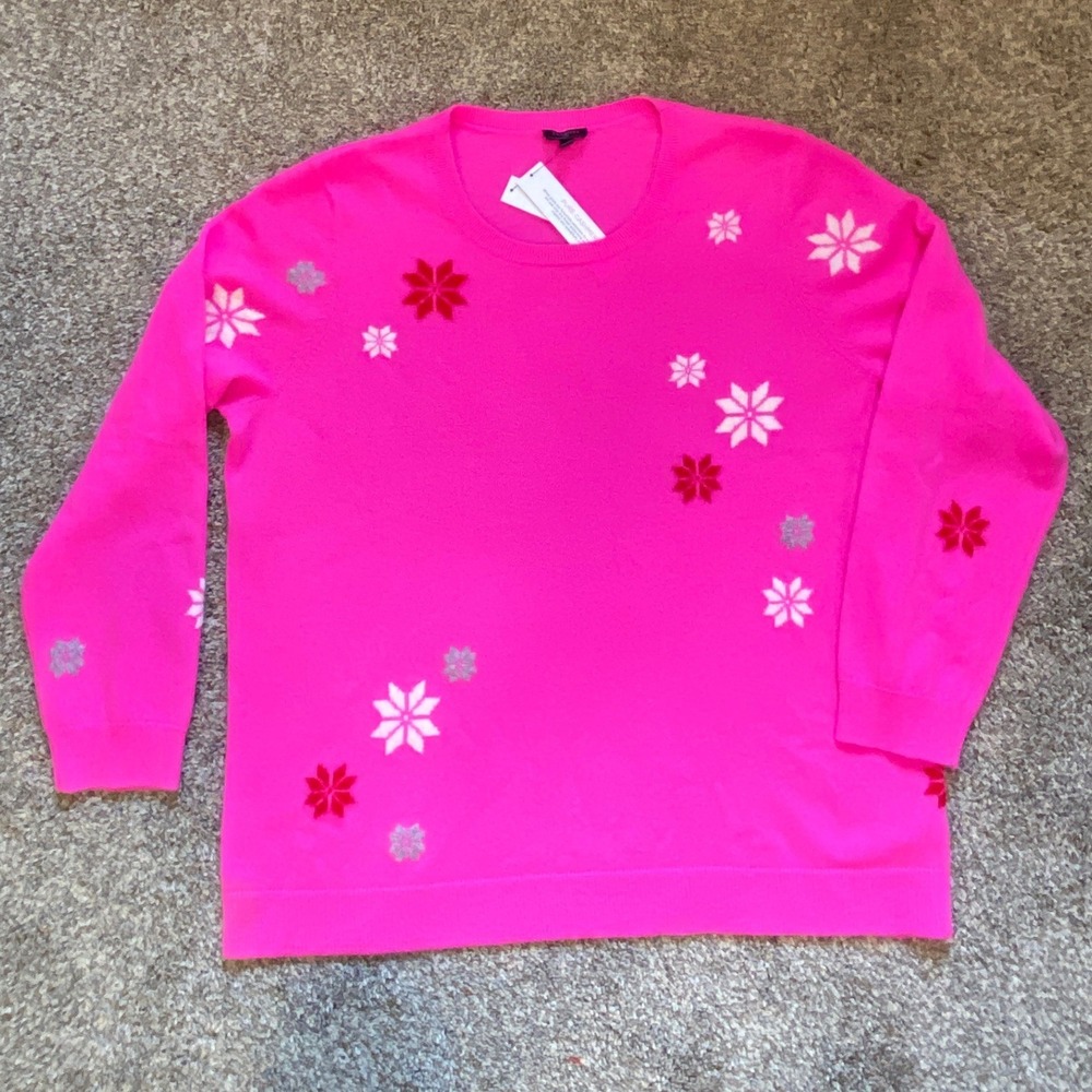 Talbots Plus Pure Cashmere Hot Pink Snowflake Sweater 2X NWT Scoop Neck Pullover